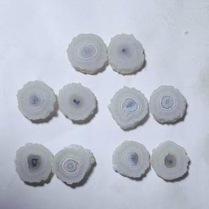 May include: A collection of nine white and light blue solar quartz slices. Each slice has a circular shape with a textured, crystalline exterior and a central blue-grey core. The quartz pieces are arranged on a white surface.