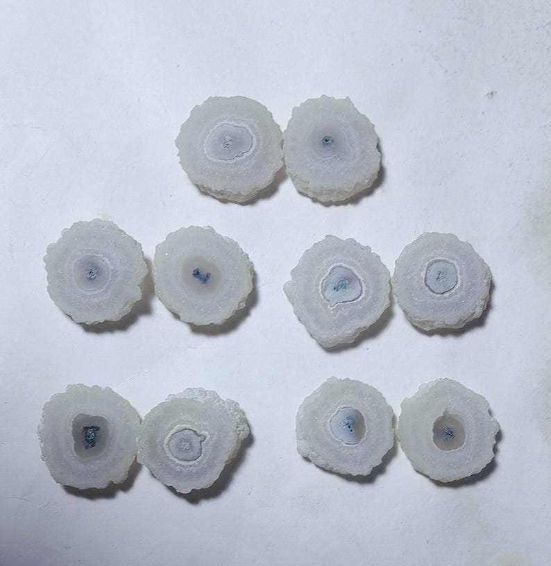 May include: A collection of nine white and light blue solar quartz slices. Each slice has a circular shape with a textured, crystalline exterior and a central blue-grey core. The quartz pieces are arranged on a white surface.