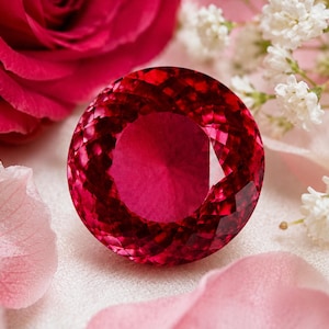 May include: A round, faceted, deep red gemstone with a brilliant cut, displaying intricate geometric light reflections across its surface. The stone is positioned among soft pink rose petals and small white flowers, highlighting its vibrant colour.