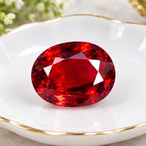 Peut inclure: Une pierre précieuse rouge vive, taillée en ovale avec une surface à facettes qui reflète la lumière. La pierre est placée au centre d'une petite coupelle blanche à bords festonnés, dotée d'un fin liseré doré sur le contour de l'assiette.