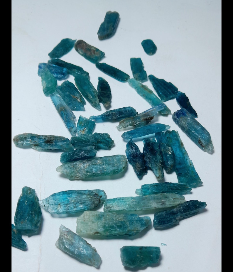 Op de afbeelding: Een verzameling ruwe kyanietkristallen in tinten blauw en teal. De kristallen vari&euml;ren in grootte en vorm, sommige zijn langwerpig en andere dikker. De natuurlijke stenen zijn verspreid op een witte ondergrond, waarbij hun unieke texturen en kleuren worden getoond.