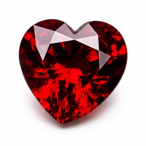 May include: A heart-shaped gemstone with a deep, vibrant red color and a faceted surface. The stone features multiple triangular and diamond-shaped cuts that reflect light, creating a brilliant, sparkling appearance against a plain white background.