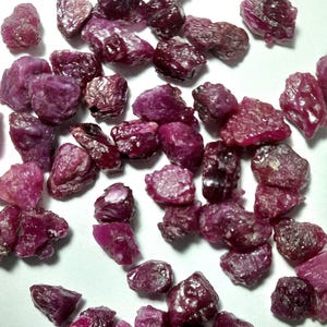 Op de afbeelding: Een verzameling ruwe, ongeslepen robijn edelstenen. De stenen variëren in grootte en vorm en vertonen een reeks dieprode en paarsrode tinten. De ruwe textuur en natuurlijke vormen van de robijnen zijn zichtbaar, wat wijst op hun ongepolijste staat.