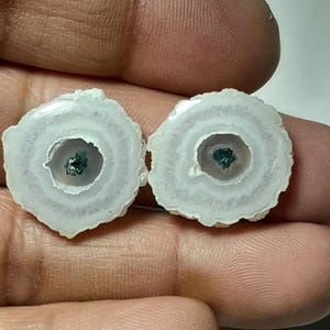 May include: Two polished, circular gemstones with concentric rings of white and pale lavender. Each stone has a dark green center. The stones are held between fingers, showcasing their natural beauty and unique patterns.