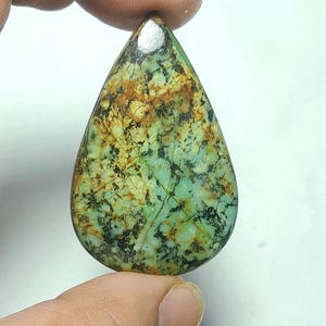 Può includere: Una pietra preziosa lucidata a forma di goccia con una superficie variegata caratterizzata da un mix di verde menta, marrone terroso e inclusioni di matrice nera scura. La pietra presenta una finitura liscia e lucida con una punta.