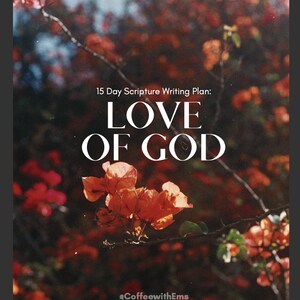 May include: A 15-day scripture writing plan titled "Love of God" with a background of red flowers. The text is in white and the background is a blurry image of red flowers.