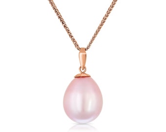 Pingente de pérola de água doce em forma de lágrima rosa com 14Kt. Corrente de ouro rosa, colar com pingente