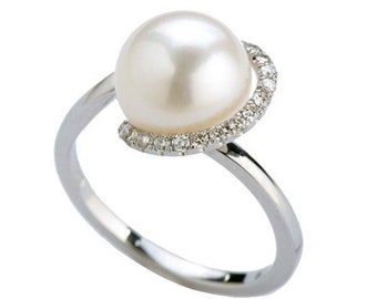 Pearl and Diamonds Ring, Freshwater Pearl Ring, Engagement Pearl Ring, Pearl Solitaire Ring, Single Pearl Ring, Pearl Gift, Bride Pearl Ring