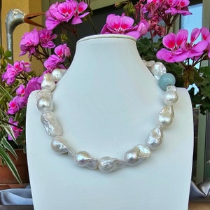Large Baroque Pearl Necklace with Aquamarin 18Kt. White Gold Clasp, Stunning Baroque Pearl Necklace, Rare Large Baroque Pearls