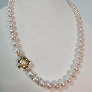 Exquisite Akoya Japanese Pearl Necklace, 14Kt. Premium Yellow Gold Flower Safety Clasp, 7.5-8mm Pearls, Rare Akoya Pearls