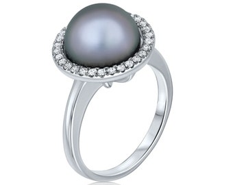 Tahitian Pearl Ring, Pearl And Diamond Ring, Rare Pearl, Dark Pearl Ring, Anniversary Pearl Ring, 14Kt. White Gold Band