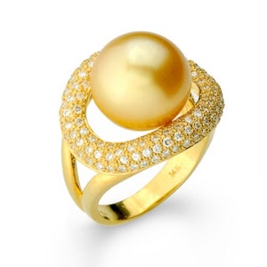 The Iconic Golden South Sea Pearl Nestlet the Center of this Elliptic Diamond Ring in 18Kt. Yellow Gold,  Amazing Pearl Anniversary Gift