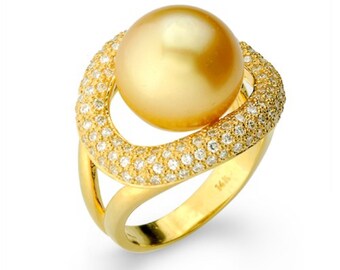 South Sea Gold Pearl Ring with 1.3ct. Diamonds, 14k, 18k Yellow Gold Ring, Brilliant Cut Diamonds, Anniversary Gift, Wedding Gift, Art Deco