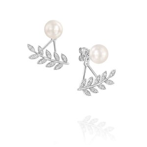 Jacket Earrings with Diamonds, 14k White Gold Pearl and Diamond Ear Cuff,