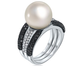 Black and White Diamond Pearl Ring, South Sea Pearl Ring, Rare Pearls, Natural Pearls, 18Kt. White Gold Ring