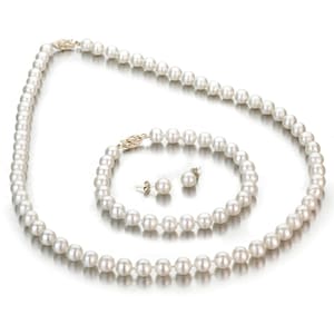 Classic Tri Freshwater Pearl Necklace, Bracelet and Stud Earrings Set, the Perfect Bridle Combinations, 7.5-8 mm Top Quality pearl Set