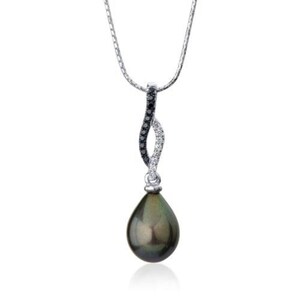 Beautiful Drop Tahitian Pearl Pendant with Black and White Diamonds Adornd this White Gold Necklace, Pearl Anniversary Gift,
