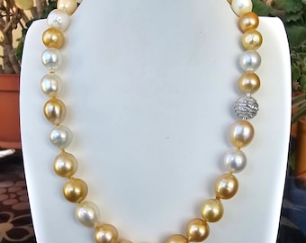 Colar de Pérolas do Mar do Sul, Colar de Pérolas de Destaque, Fecho em Ouro Branco 18K com Diamantes