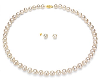 Gold Pearl Necklace and Pearl Stud earrings Set, Classic White Freshwater Pearl Set, High Quality Pearls