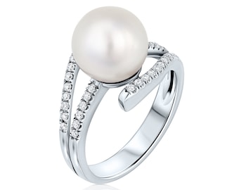 Infinity Pearl and Diamond Ring, Perfect Freshwater Pearl, 14Kt. White Gold Pearl Solitaire Ring, Pearl Anniversary Ring