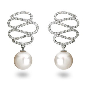 Swirl of Diamonds in 18kt. White Gold Earrings with South Sea White pearls, Designer Jewelry, Cocktail Jewelry