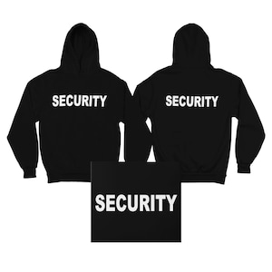 Könnte beinhalten: Zwei schwarze Kapuzenpullover mit dem Wort "SECURITY" in weiß auf der Vorderseite. Eine schwarze Box mit dem gleichen Text ist ebenfalls abgebildet.