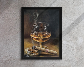 Charuto e Conhaque | Impressão em Tela de Natureza Morta | Arte de Parede para Bar e Lounge