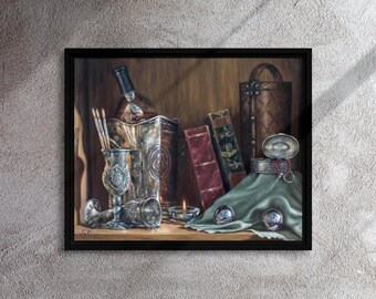 May include: A framed still life painting featuring a collection of antique items. The composition includes a bottle, silver goblets, books, and a leather container. A candle is lit, and two decorative spheres rest on a draped cloth.