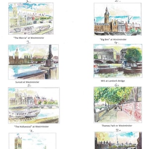 Thames Path Paintings in Watercolour.  A6 Notelets or greeting cards.  Choose from 14 images.  Houses of Parliament, Westminster Bridge.