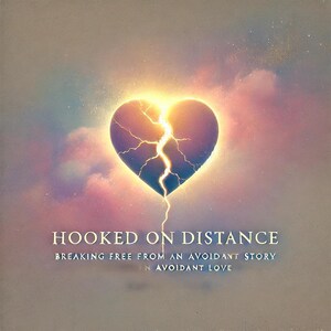 May include: A broken heart with a glowing light inside, against a cloudy sky. The text "HOOKED ON DISTANCE" and "BREAKING FREE FROM AN AVOIDANT STORY" is below the heart.