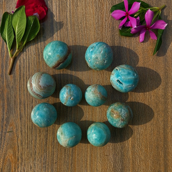 AAA+ Blue Aragonite Perfect Size Hand Polished 10 Pieces Sphere / Ball Decorative Stone (A:1)