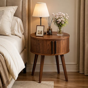 Round Walnut Side Table, Mid-Century Modern Nightstand with Sliding Door Storage