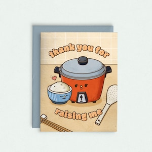 Merci de m'avoir élevé carte de vœux | Carte de fête des pères des mères asiatiques au cuiseur à riz, carte de voeux parents grands-parents, jeu de mots mignon cuisine asiatique