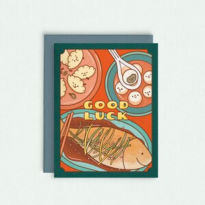 Carte de voeux de bonne chance | Jolie carte de voeux avec jeu de mots, cuisine asiatique, carte du nouvel an lunaire, dîner chinois, célébration, nouveau départ