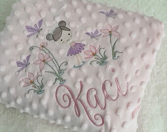 Pink Personalised Embroidered Fairy Baby Bubble Blanket | personalised with name or date of birth