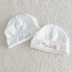 Personalized Embroidered Baby Hat: White Cotton Newborn Beanie Keepsake