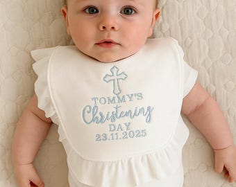 Personalised Frilly Christening Bib – Embroidered Baby Baptism Bib with Name & Date – White Ruffle Bib for Christening Day Keepsake Gift