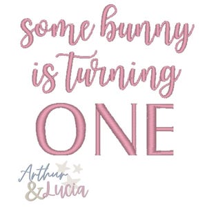 May include: Pink embroidered text on a white background reads "some bunny is turning ONE." Below the text is the name "Arthur & Lucia" in a script font with star accents. The design is suitable for a first birthday.