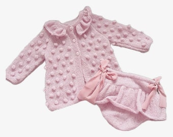 Handmade Alpaca Wool Knitted Pom Pom Cardigan and Bloomer Set