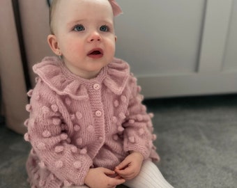 Handmade Alpaca Wool Knitted Pom Pom Cardigan and Bloomer Set