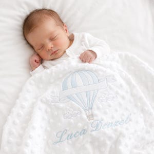 Personalised Baby Blanket with Name Embroidery – Custom Newborn Blanket – Hot Air Balloon Baby Gift – Personalised Baby Shower Gift – Baby