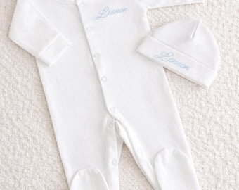 Personalised Baby Sleepsuit & Hat Set, Embroidered Newborn Outfit, Custom Name Baby Grow, New Baby Gift, Coming Home Outfit, Baby Shower