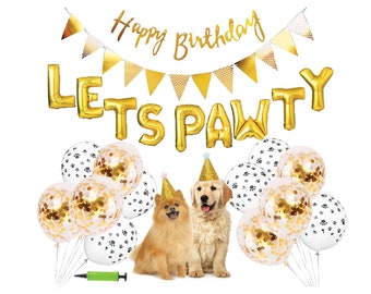 Dog Birthday Party 26-pc. Set | Gold Pet Party Decoration | Lets Pawty Gold Balloons | Happy Birthday Banner | Dog Party Hats
