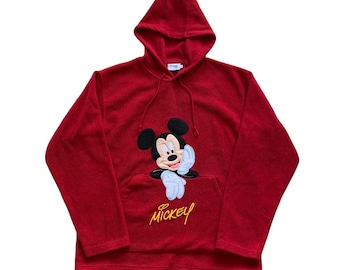 Vintage Disney Mickey Mouse Red Fleece Hoodie - Medium Pullover 90s 1990s Merch Disneyland