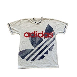 Vintage Adidas Trefoil Cut And Sew T Shirt Tee, Big Logo Spell out Blue Red White Grey 90s Retro T-shirt Spellout Logo