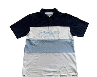 YSL イヴ・サンローラン ヴィンテージ メンズ ホワイト ネイビーブルー コットン ストライプ ポロシャツ サイズ XL ビッグロゴ スペルアウト ボタンアップ 90年代 半袖