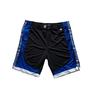 Vintage Champion Side Tape Logo Basketball Shorts Black Blue 90s Retro