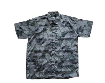 Vintage Christian Dior Seda Camisa de manga corta con botones 80s 90s retro Resumen Manga corta Mármol Estampado Festival Flores de lujo Gris