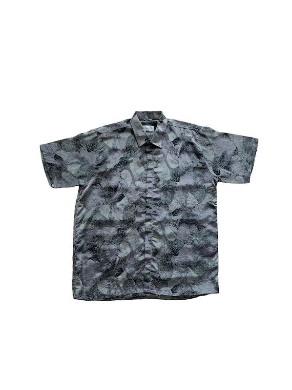 Vintage Christian Dior Silk Short Sleeve Button Up Shirt 80s 90s retro Abstract Short sleeve Marble Print Festival Luxury flowers Grey
