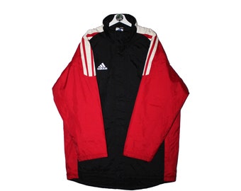 Vintage 90's Adidas 3-Striped Long Coat Jacket Trefoil Small Logo Red Black Football soccer Parka buen estado